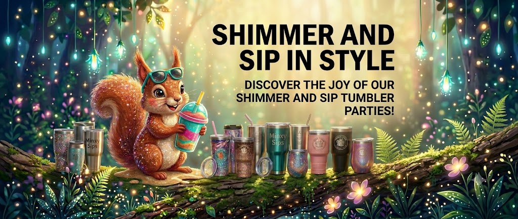 Promotional banner for Shimmer and Sip tumbler parties with a squirrel holding a tumbler in a forest setting.